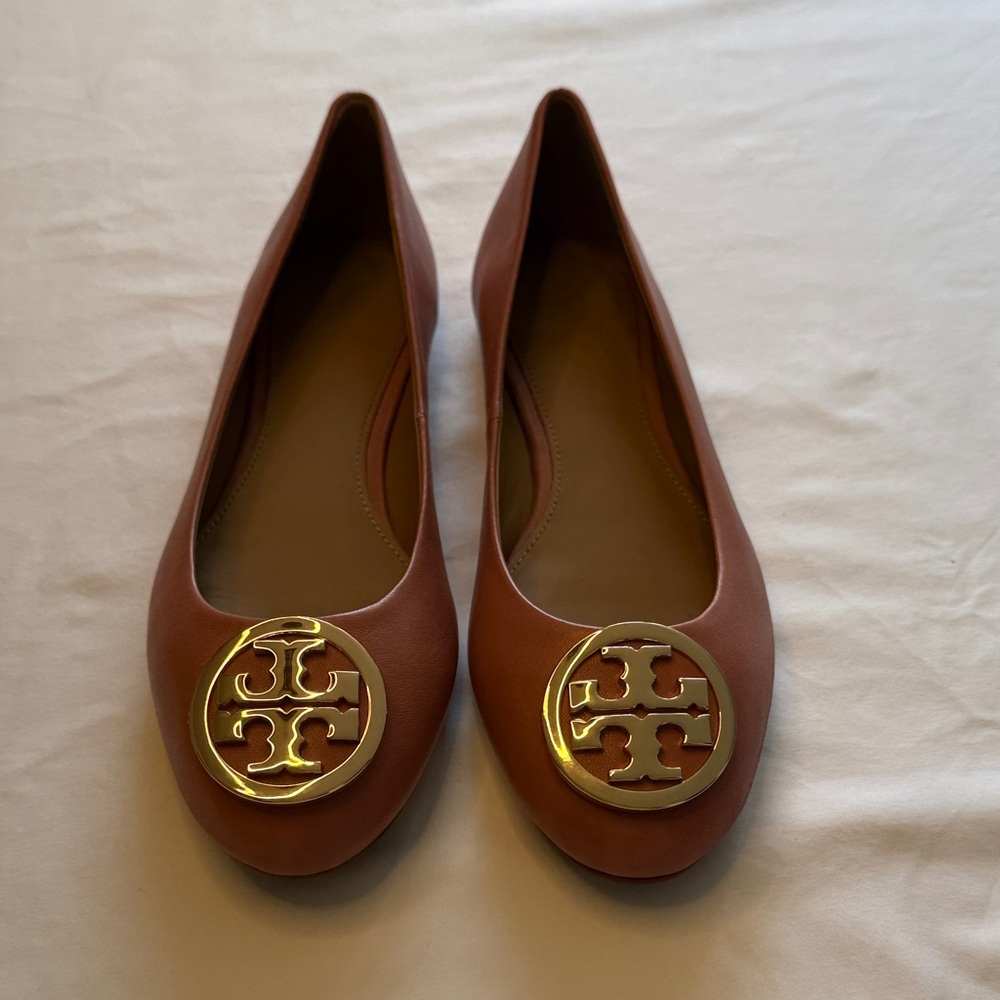 Tory Burch Tan Flats with Gold Logo